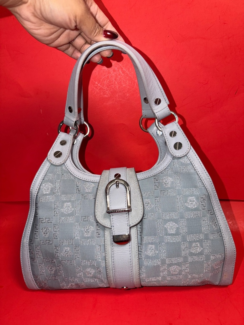 🛑SOLD🛑VERSACE Light Blue Canvas,Leather & Suede Trim Satchel